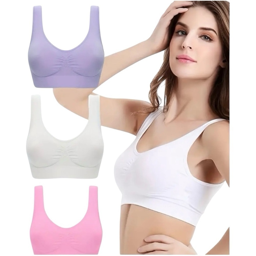 SEAMLESS COMFORT WIRELESS SPORTS BRA SET IN PURPLE, WHITE & PINK